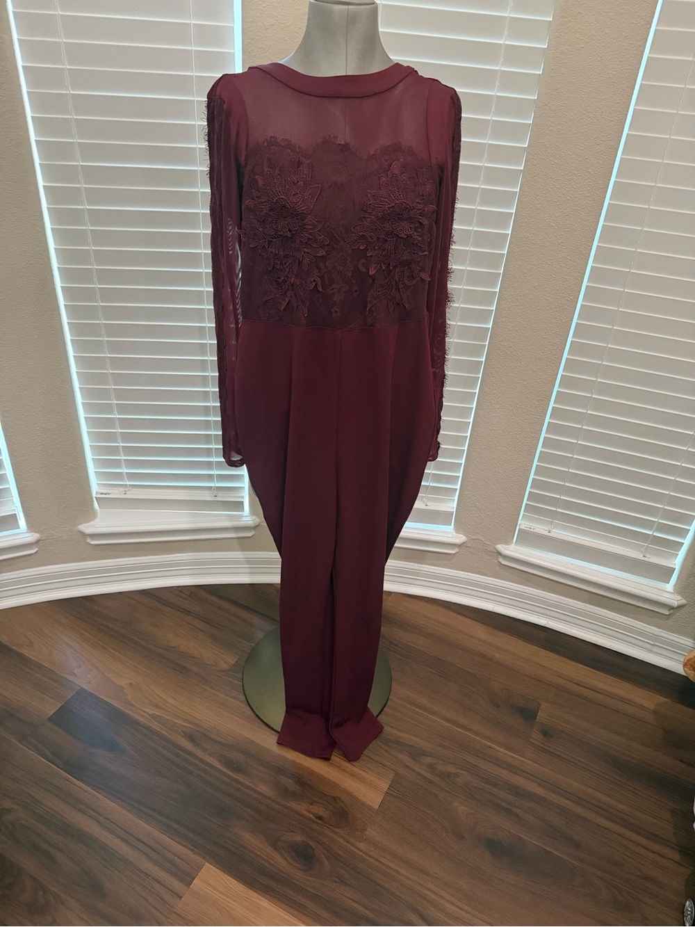 Women's Burgundy Lace-Trim Jumpsuit